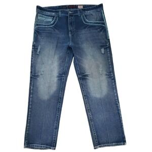 GS115 Brand Men's Blue Jeans Original Brand Size 46×32 Embroydered, Distressed.